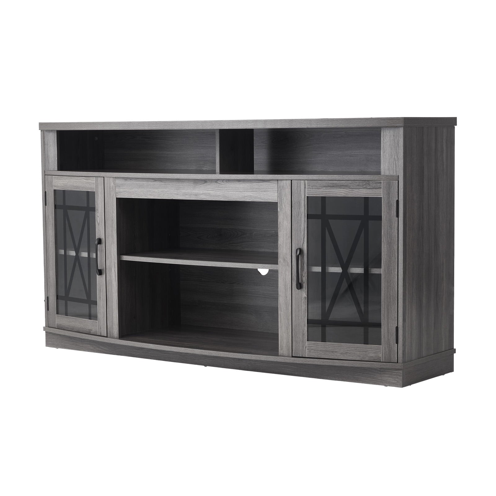KFFKFF 59" TV Stand for TVs up to 65 Inches, Entertainment Center with LED Light Strip, Wooden Cabinet with Glass Doors and Adjustable Shelves