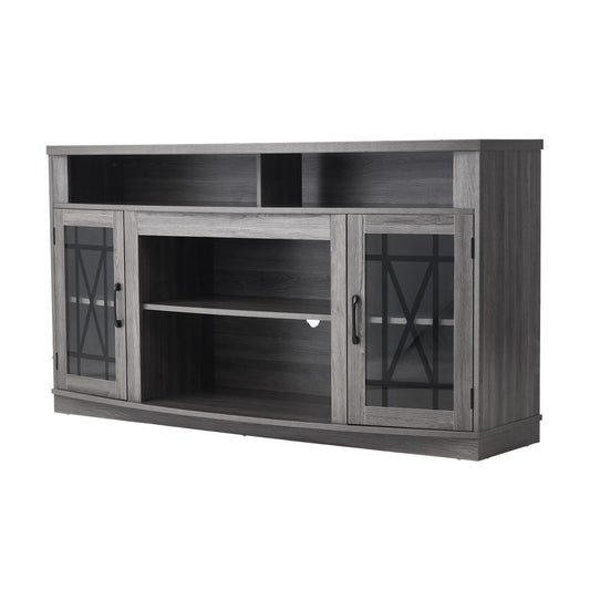 KFFKFF 59" TV Stand for TVs up to 65 Inches, Entertainment Center with LED Light Strip, Wooden Cabinet with Glass Doors and Adjustable Shelves