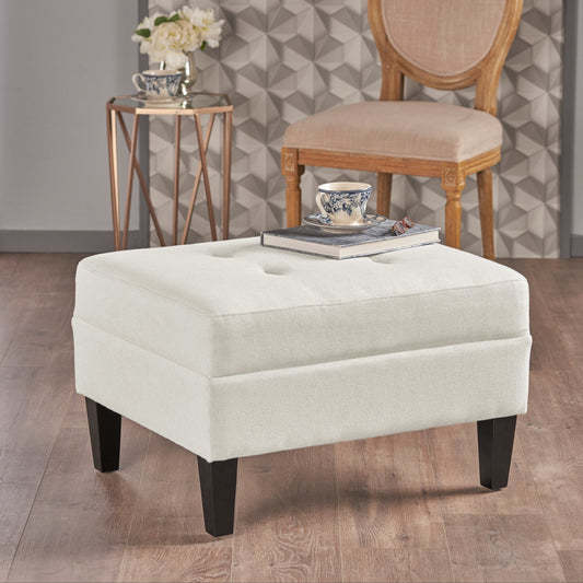 Kamil Elegant Fabric Ottoman with Plush Cushion & Durable Birch Wood Legs, Ivory