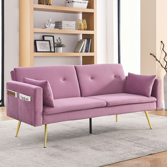 Leumius Velvet Convertible Futon Sofa Bed,Modern Folding Sofa Bed Adjustable Sleeper Couch,72.5" with Side Pockets,Pink