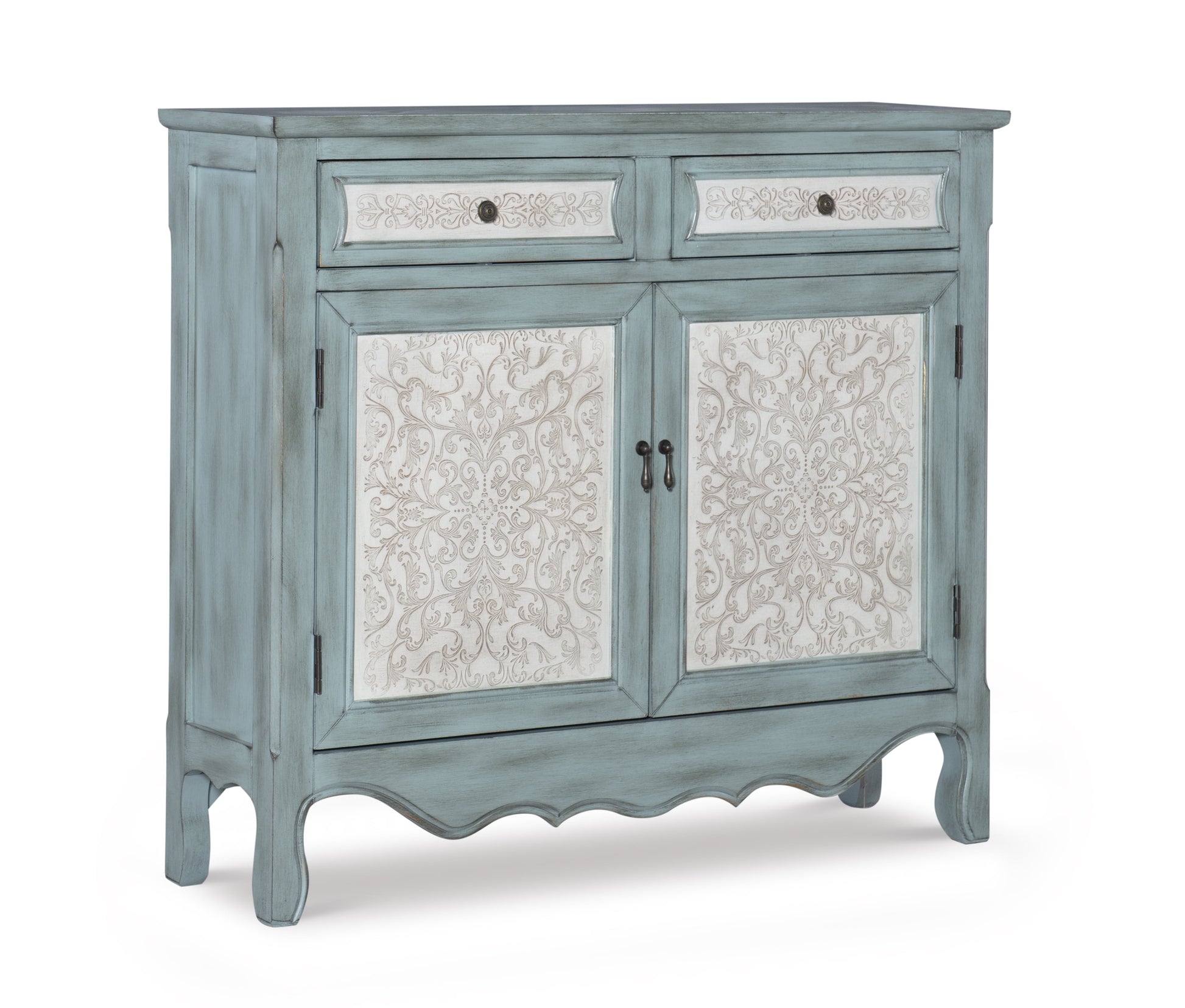 Linon Clancy Slim Storage Cabinet White Decorative Panels in Antique Blue Wood