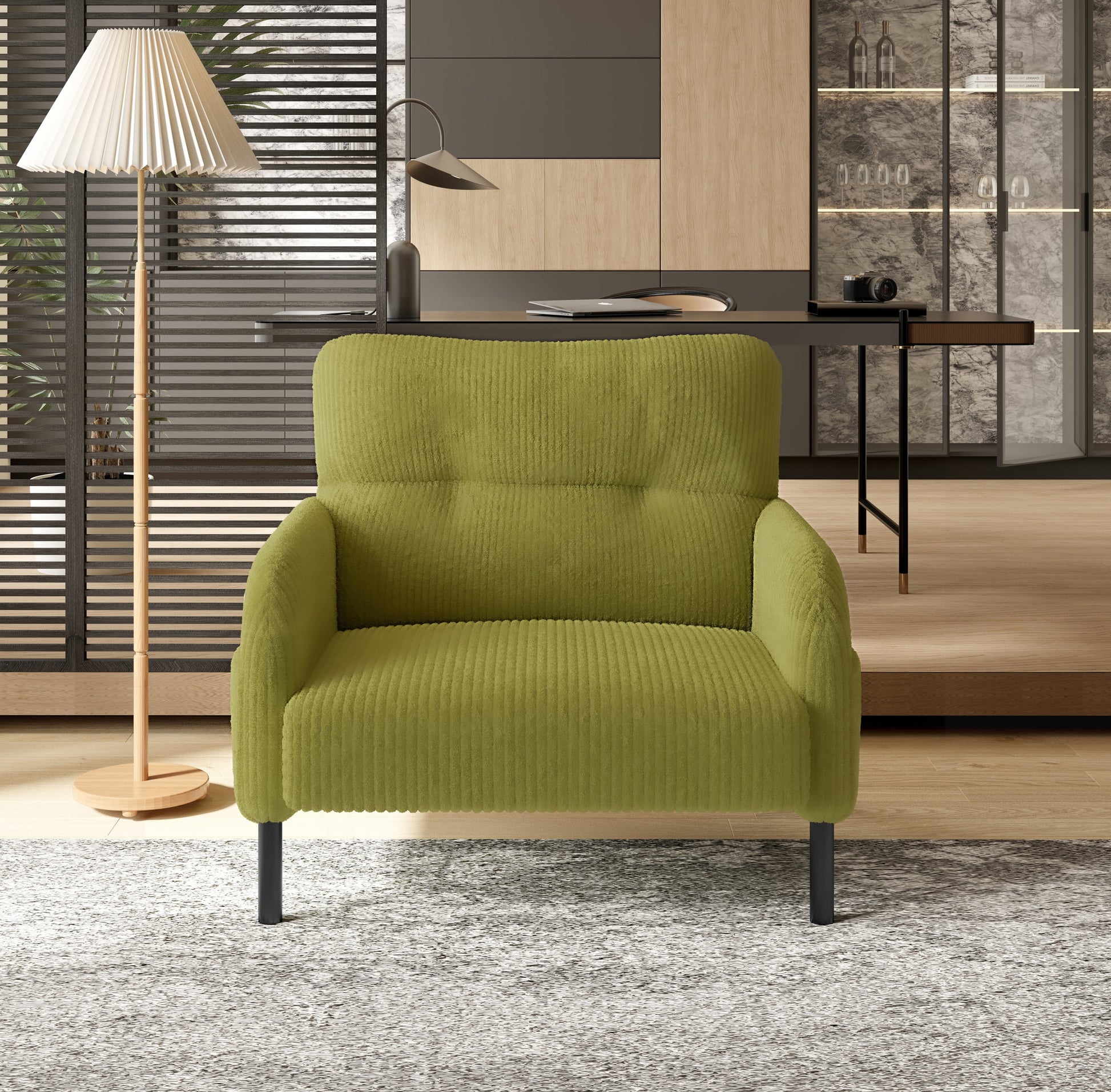 MOONMISS Corduroy Upholstered Comfortable Single Wood Frame Armchair for Living room and Bedroom-Olive Green