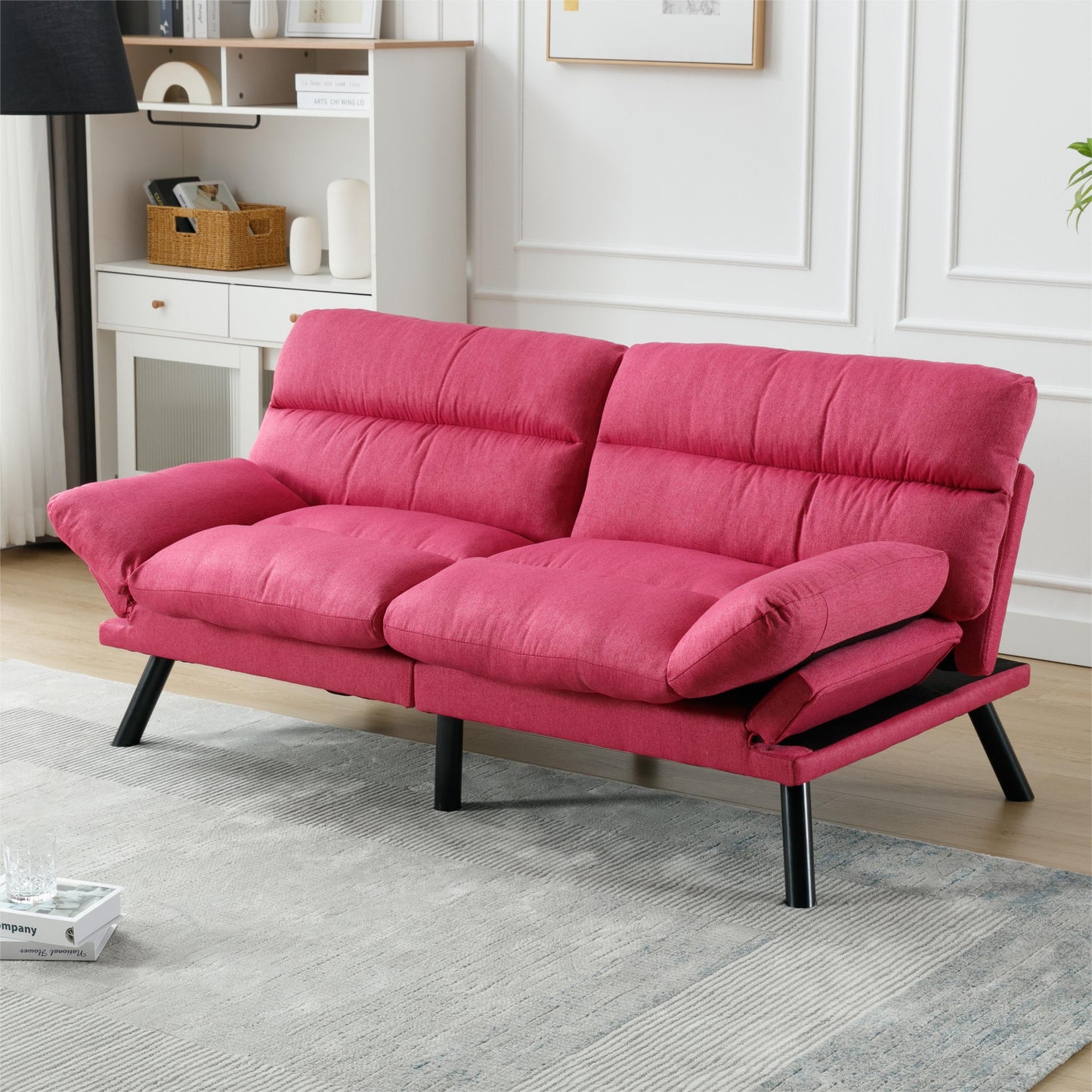 Memory Foam Futon,Convertible Futon Sofa Bed with Adjustable Armrests,Upholstered Futon Couch Sleeper Sofa for Compact Small Space,Rose Red