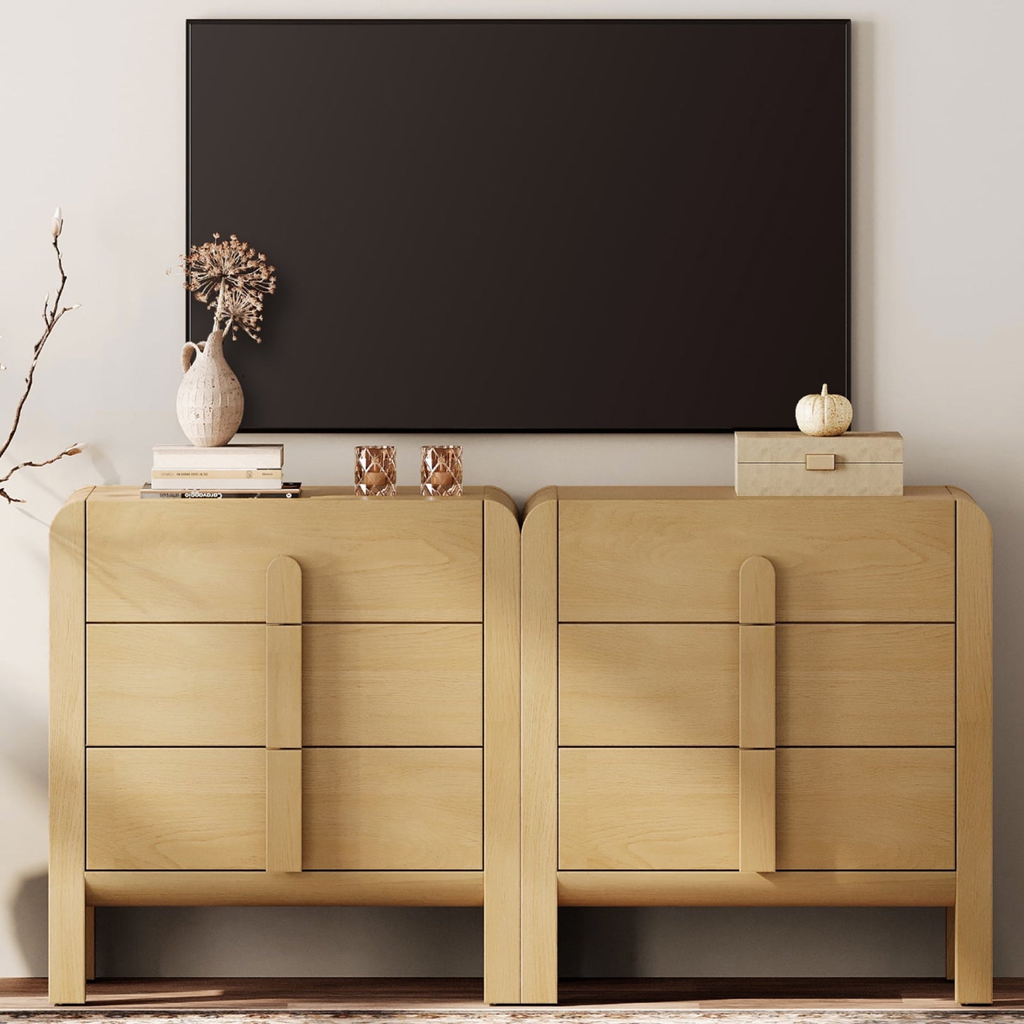 Modern Dresser TV Stand for TVs up to 75 Inch, Cruved Entertainment Center, Wood TV Console with Storage for Living Room