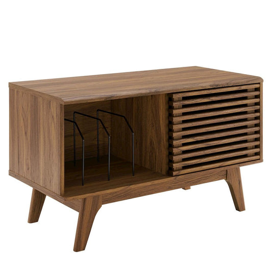 Modway Render Wood & Vinyl Record Display Stand with Sliding Door in Walnut