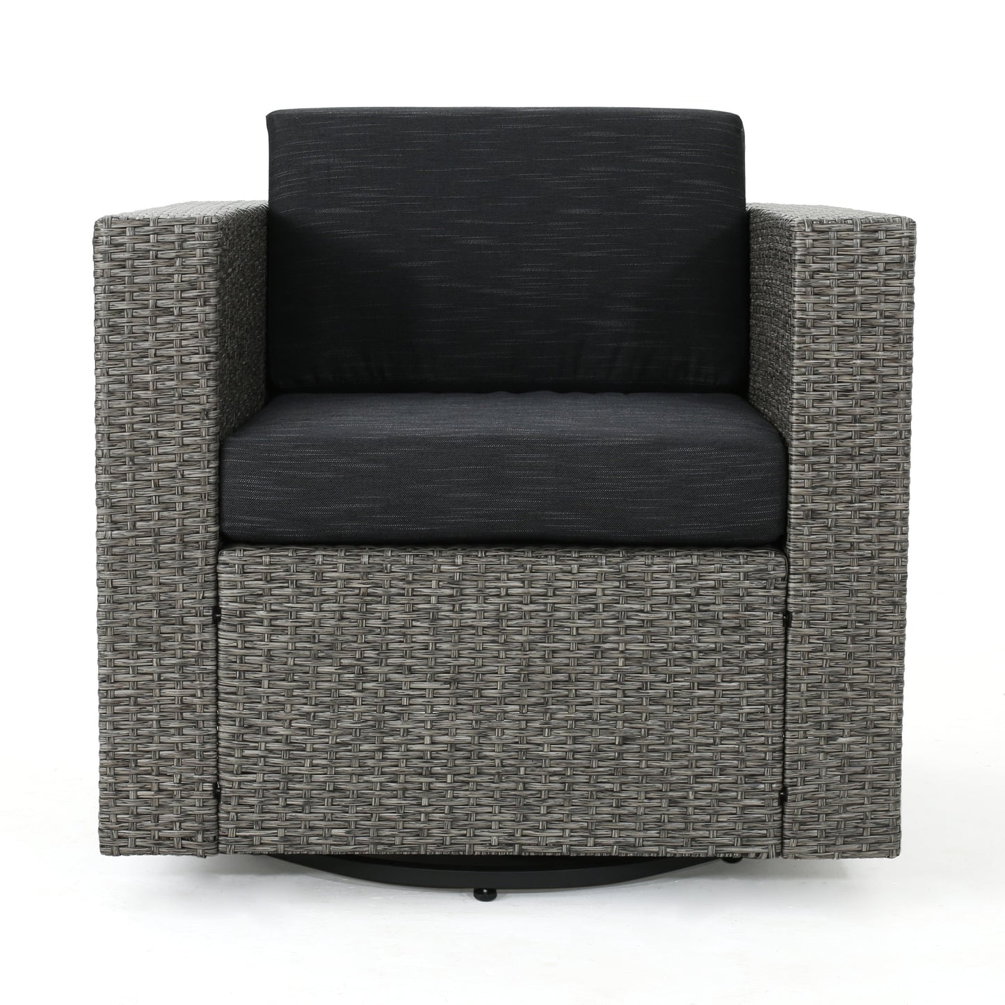 Noble House Puerta Mixed Black Wicker Swivel Chair with Dark Grey Cushion