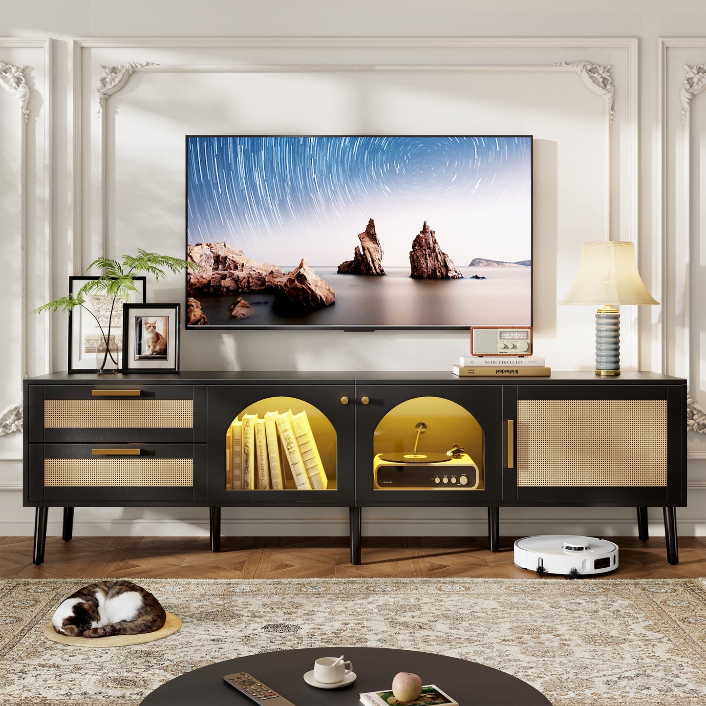 PORKISS LED TV Stand for up to 80" TVs, Large Entertainment Center Console Table, Rattan TV Cabinet with Acrylic Transparent Board for Living Room, Black #1