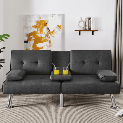 Renwick Fabric Upholstered Convertible Futon Sofa Bed with Cup Holders and Pillows, Dark Gray