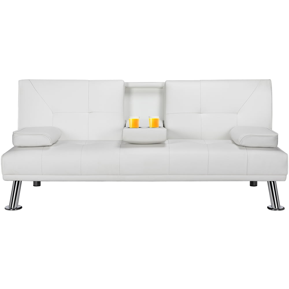 Renwick LuxuryGoods Modern Faux Leather Futon with Cupholders and Pillows, White