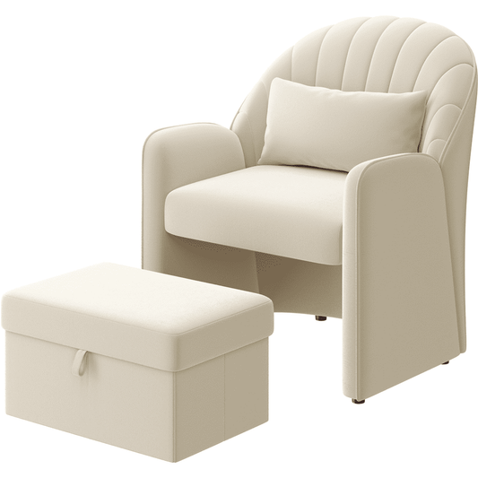 Renwick Upholstered Velvet Barrel Accent Chair with Footrest, Beige