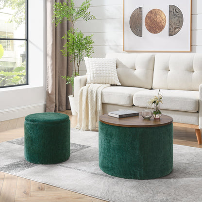 Round Ottoman with Storage Set of 2,Chenille Storage Ottoman with Small Stool for Living Room,Bedroom,Dark Green