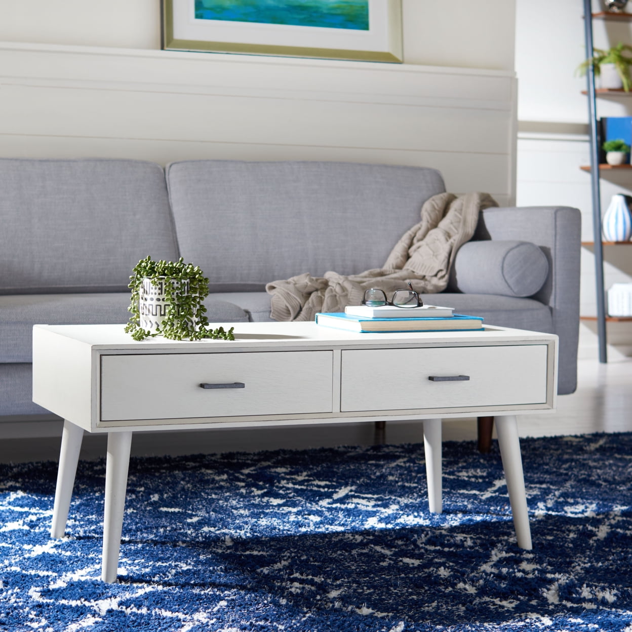 SAFAVIEH Mozart Mid-Century 2 Drawer Coffee Table, Distressed White