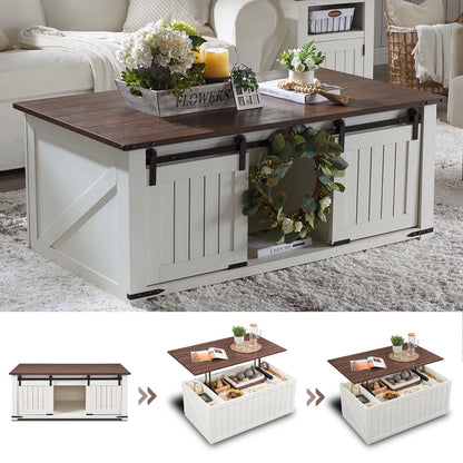 SinCiDo Farmhouse Coffee Table with Storage for Living Room, Lift Top Coffee Table w/Sliding Groove Barn Door
