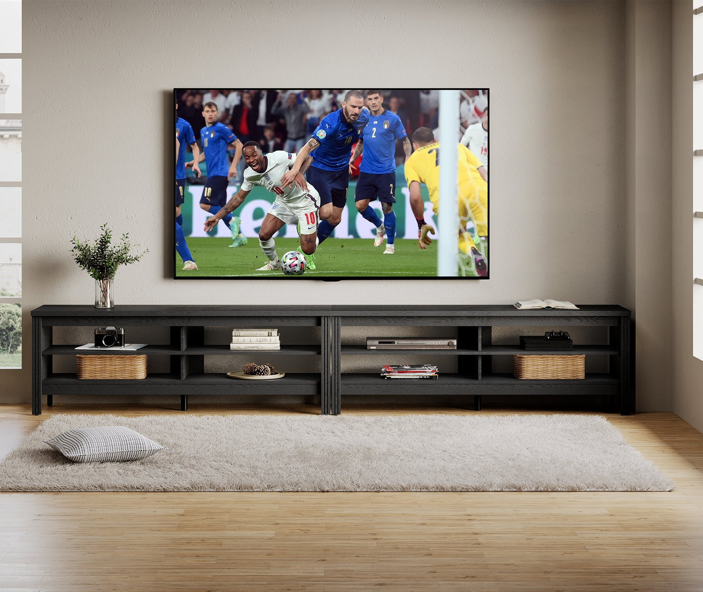 TV Stand for 85 inch TV Entertainment Center Black Wood TV Media Console Table for 90/95/100 inch TV with 8 Storages for Living Room Bedroom,