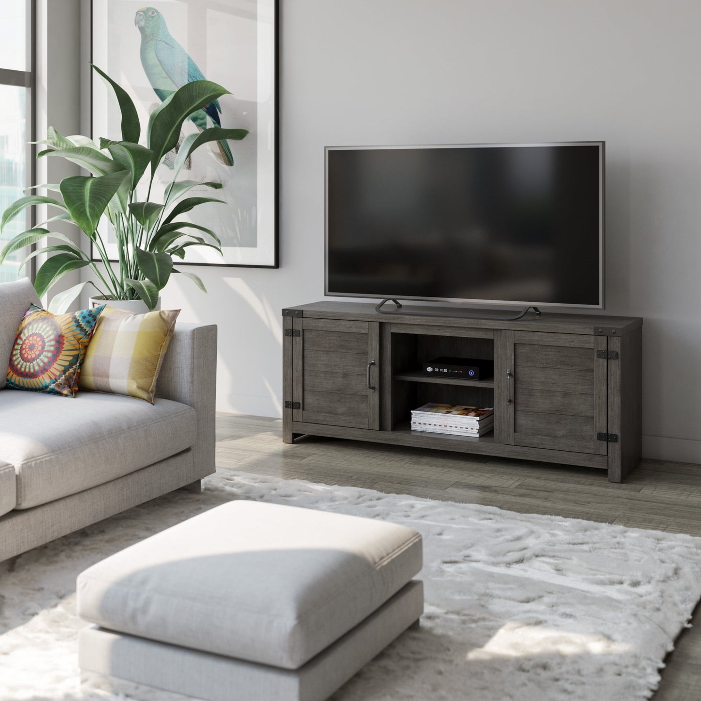 TV Stand for TVs up to 65” with Planked Doors and Nail Head Details, Weathered Gray