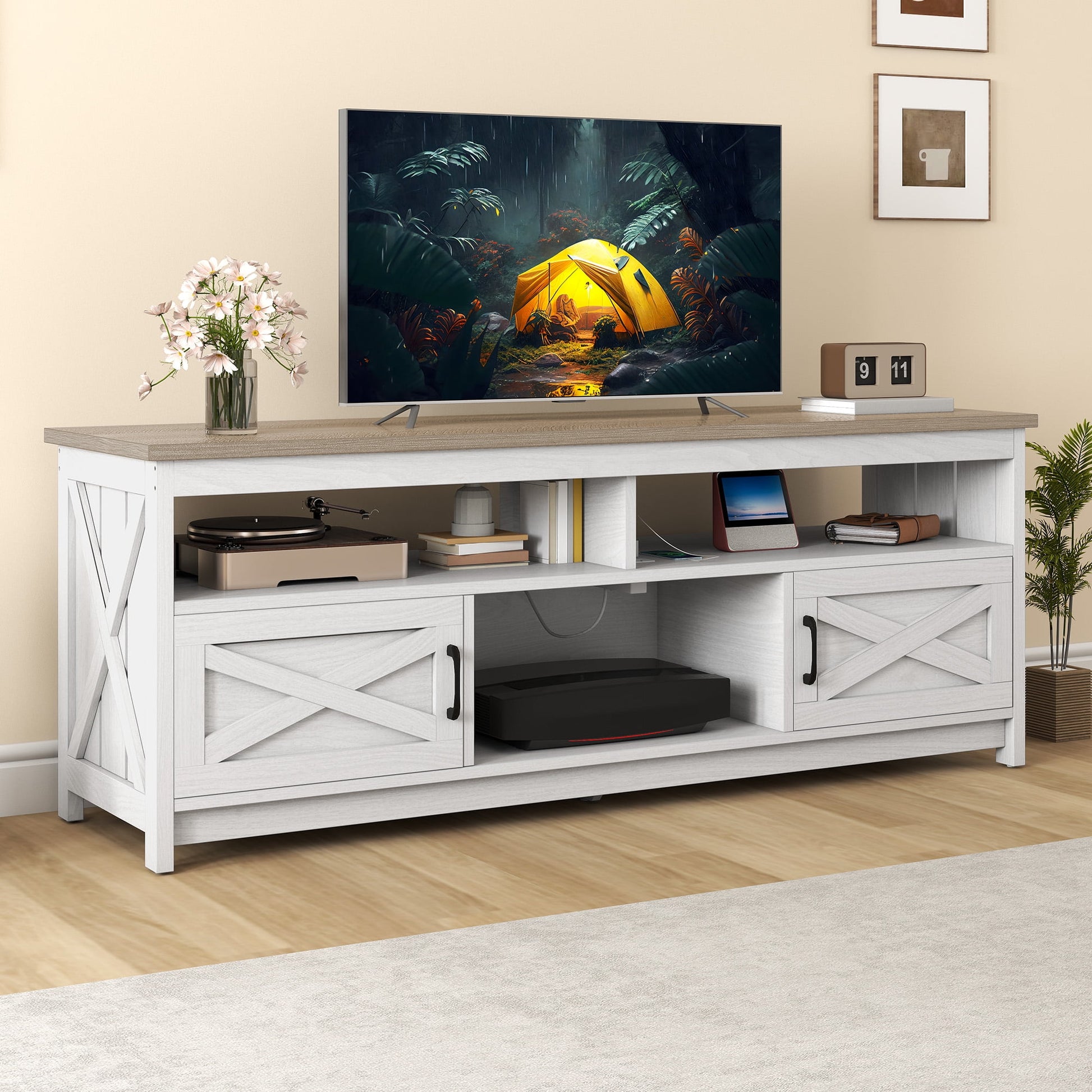 Uforic 65" Farmhouse TV Stand for 60/65 Inch TV with Power Outlet,Entertainment Center TV Console with Door, White & Brown