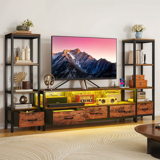 Uforic LED TV Stand with with Power Outlets for Tvs up to 65", Entertainment Stand with Bookcase, Rustic Brown