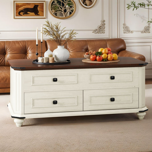 Uforic Lift Top Table with Hidden Storage, Coffee Table with Drawers for Living Room & Dining Room, White