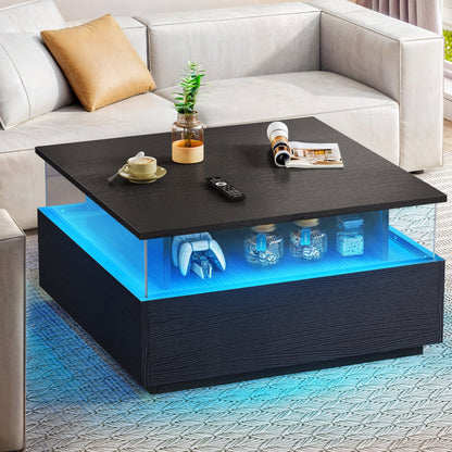 Uforic Square LED Coffee Table with 4 Drawers, Acrylic Living Room Table with Storage Shelf, Black