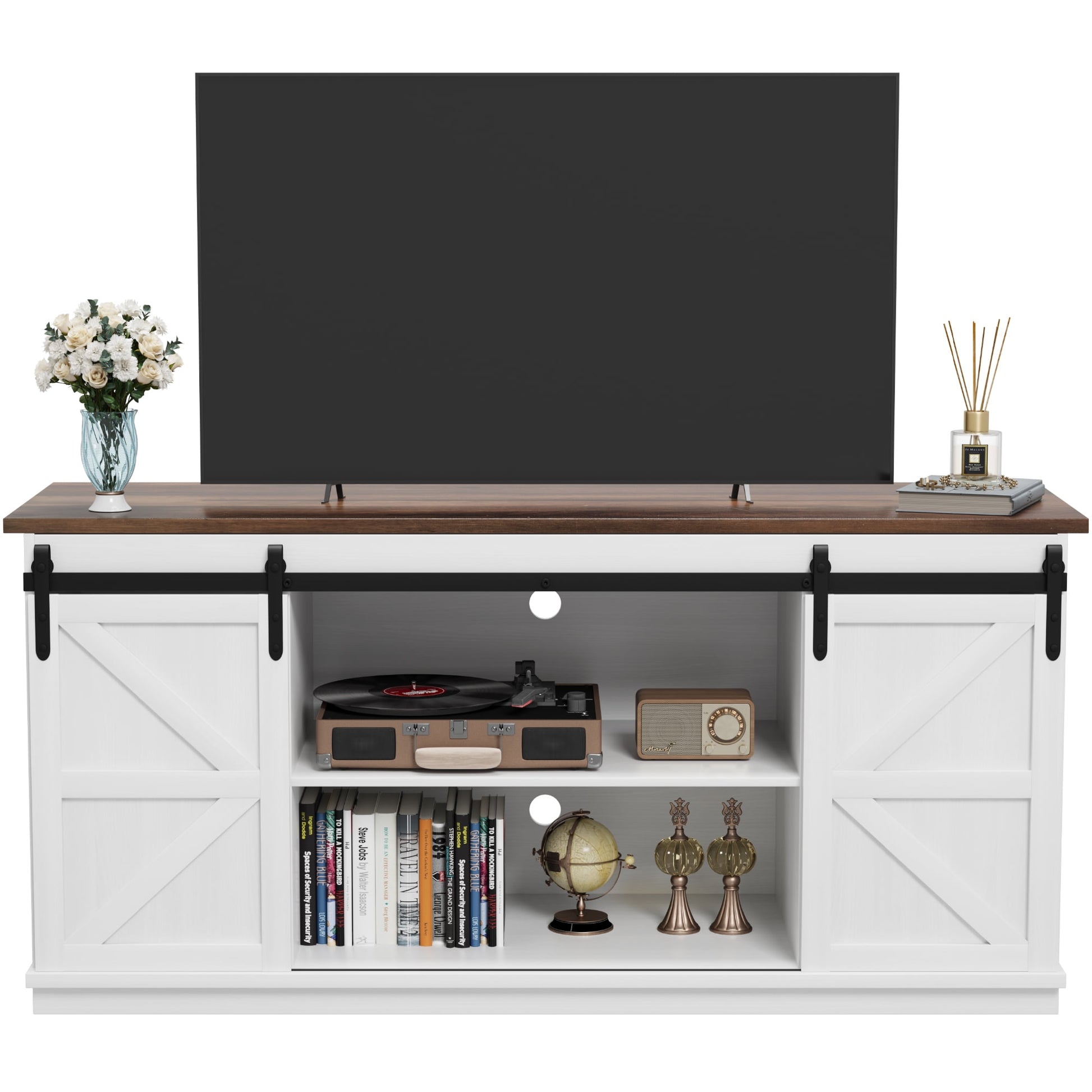 Vineego 58 inch Farmhouse TV Stand and Entertainment Center for Televisions,with Sliding Barn Doors and Storage Cabinets,Milk White