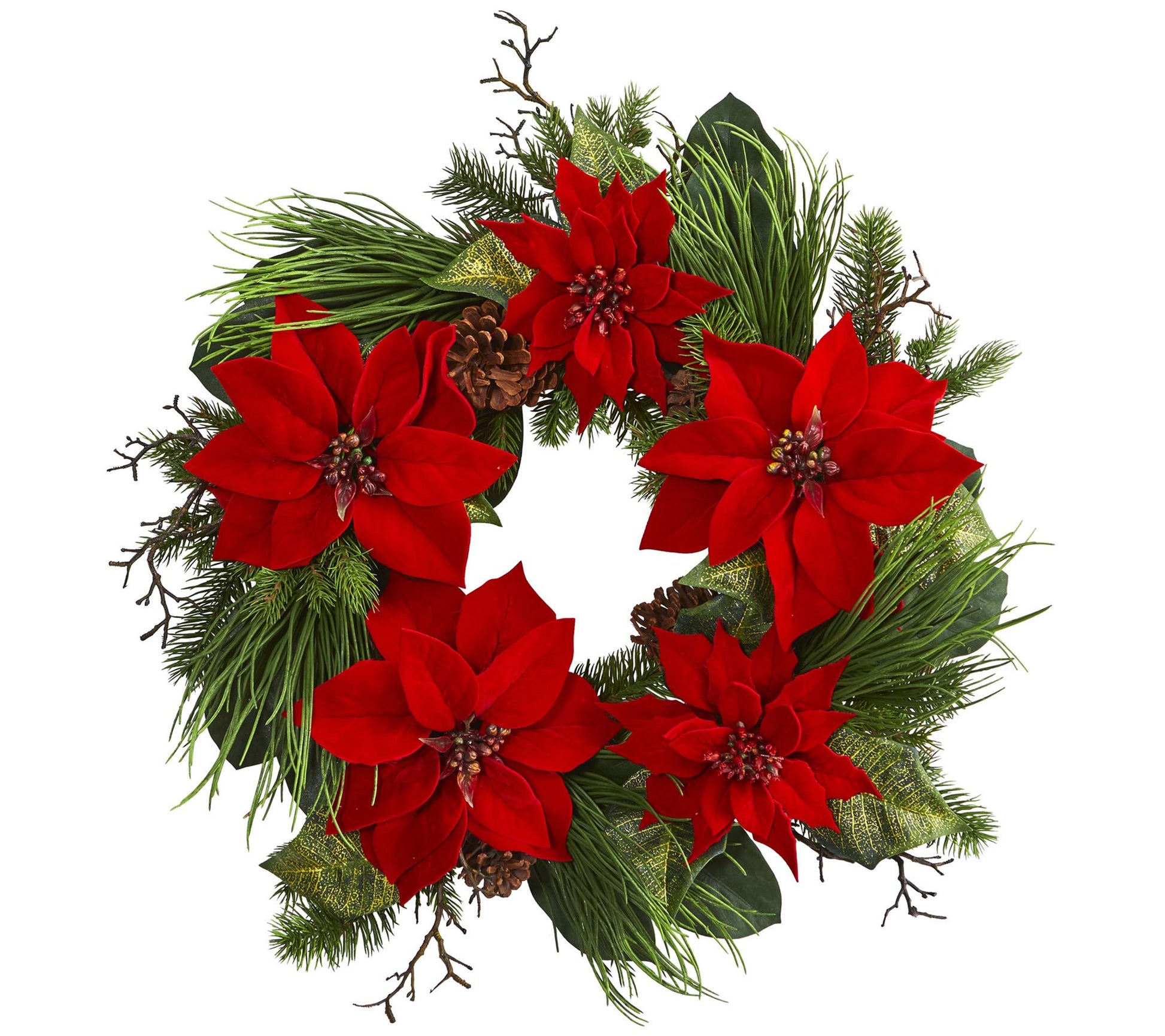 28" Poinsettia and Pine Wreath by Nearly Natural