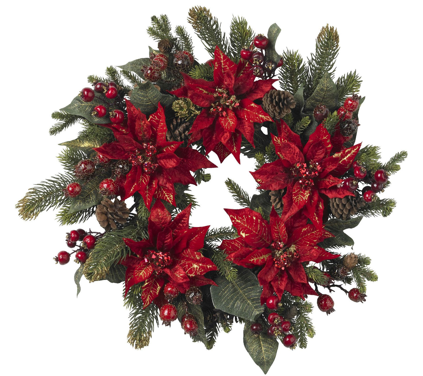 24" Poinsettia & Berry Wreath by Nearly Natural