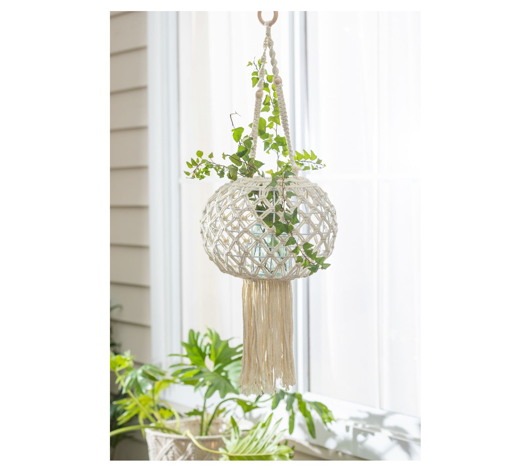 Evergreen Macrame Large Hanging Globe Plant Covr, Natural