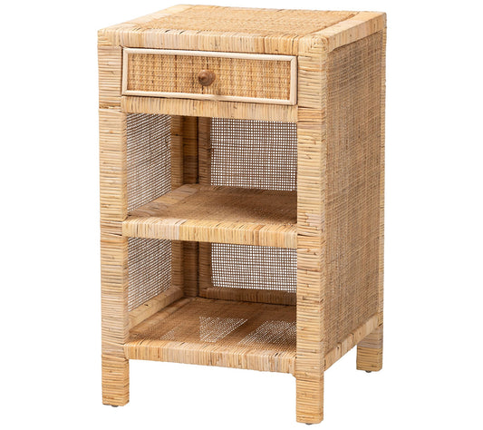 Baxton Studio Bella Brown Wood and Natural Rattan Nightstand