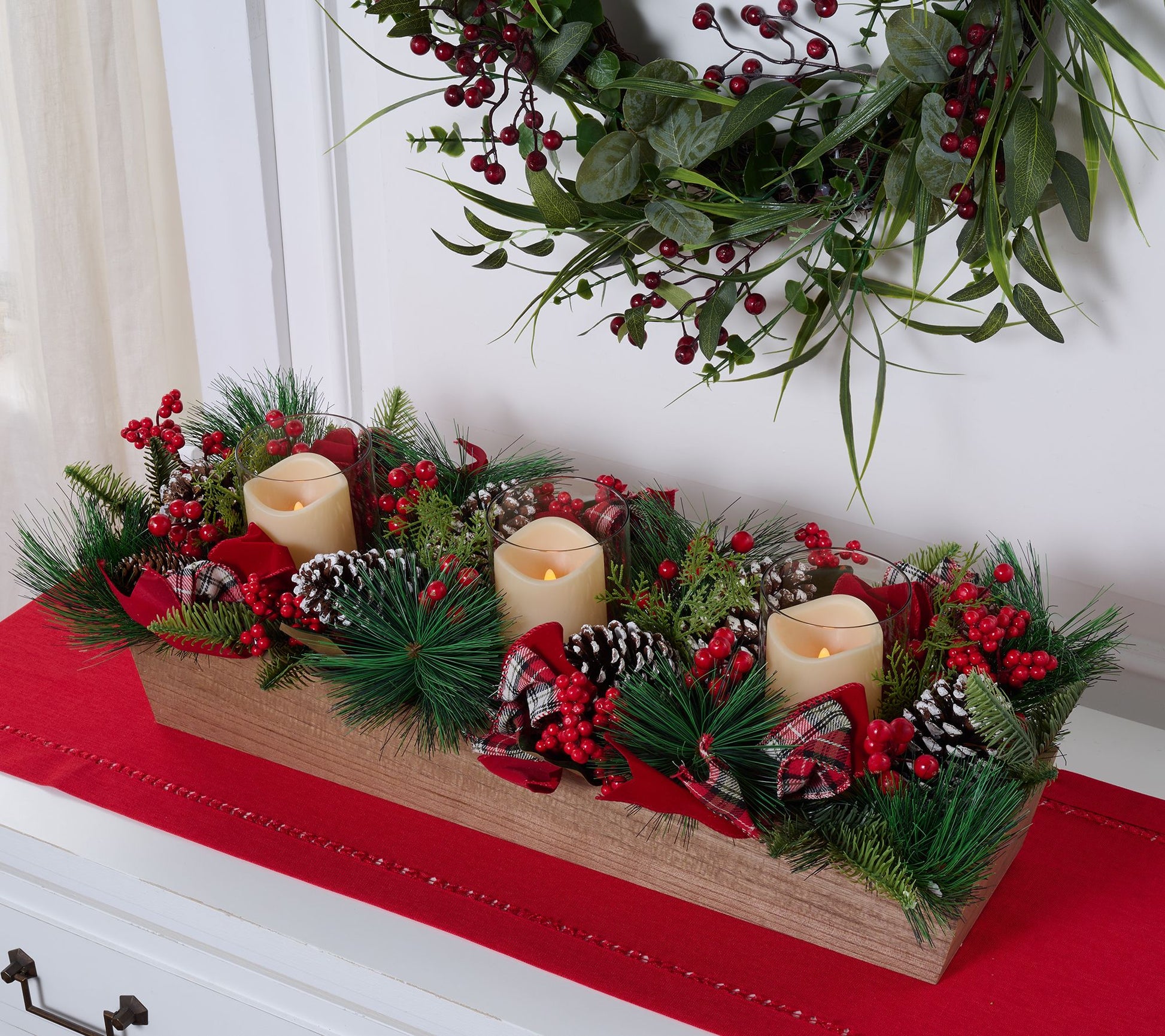 36" Illuminated Berries and Pinecones Centerpiece by Valerie