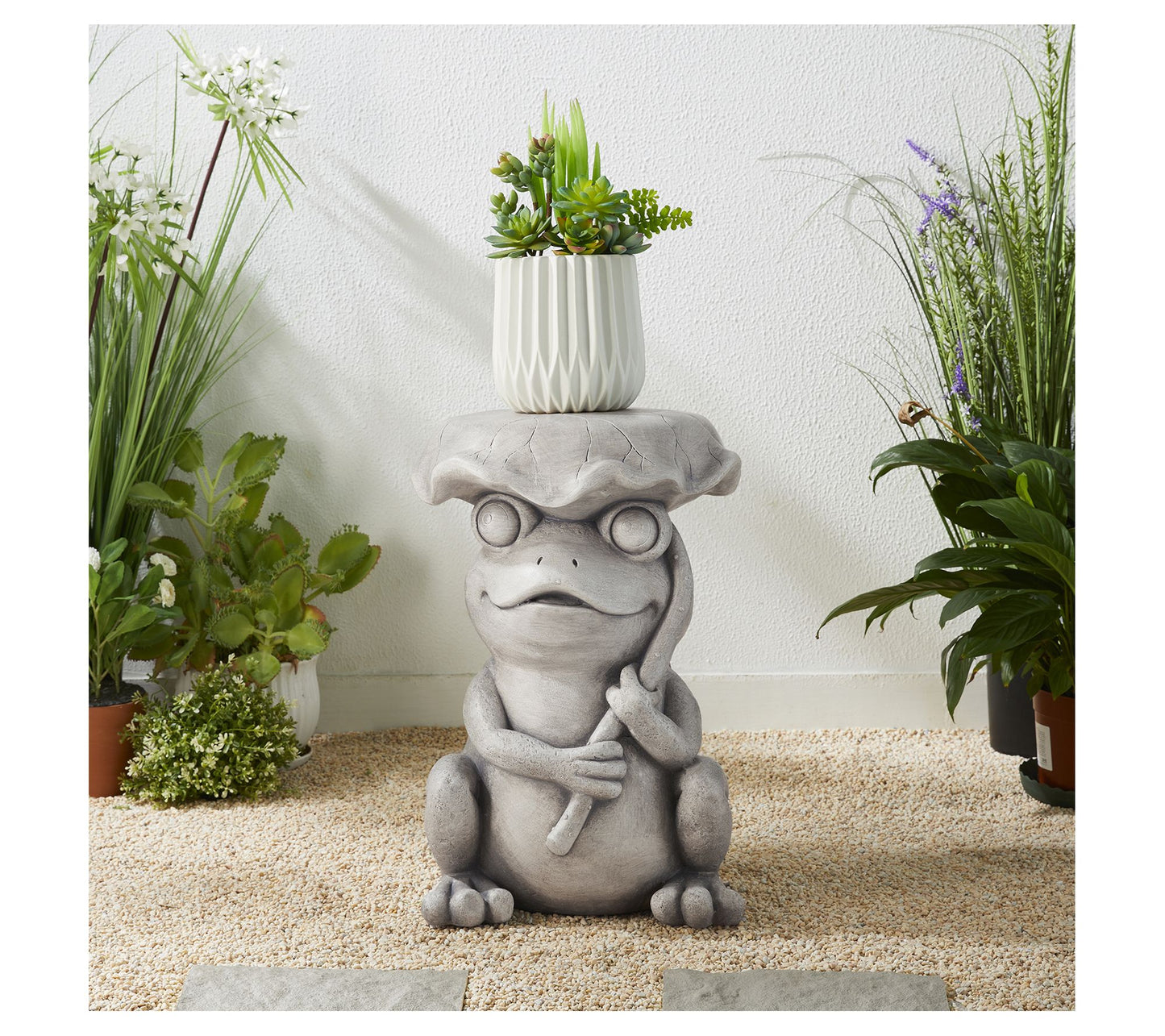 Glitzhome 19"H Faux Stone Frog Lotus Garden Stool / Table